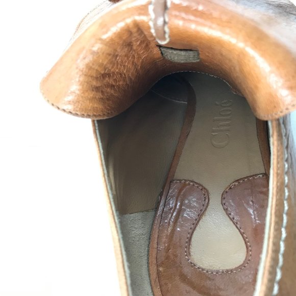 Chloe Tan Leather Lace Up Kiltie Bootie Stacked Heel Pumps Made in Italy - Picture 7 of 10